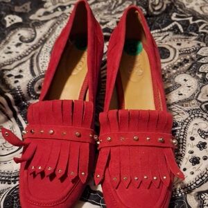 Franco Sarto Red Suede Loafers with Fringe Detailing